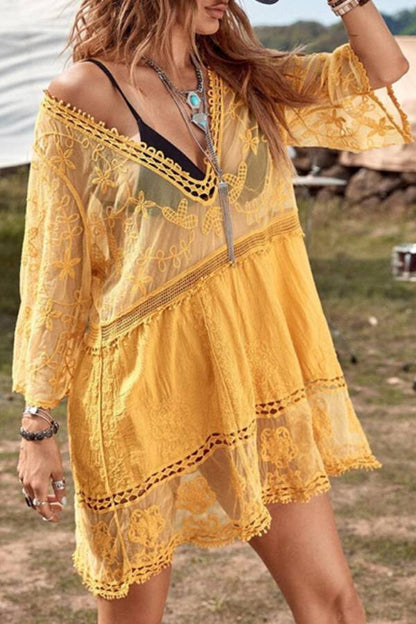 Multi-Color Bohemian Crochet Lace Embroidered V-Neck 3/4 Sleeve Loose Beach Cover Up Mini Dress