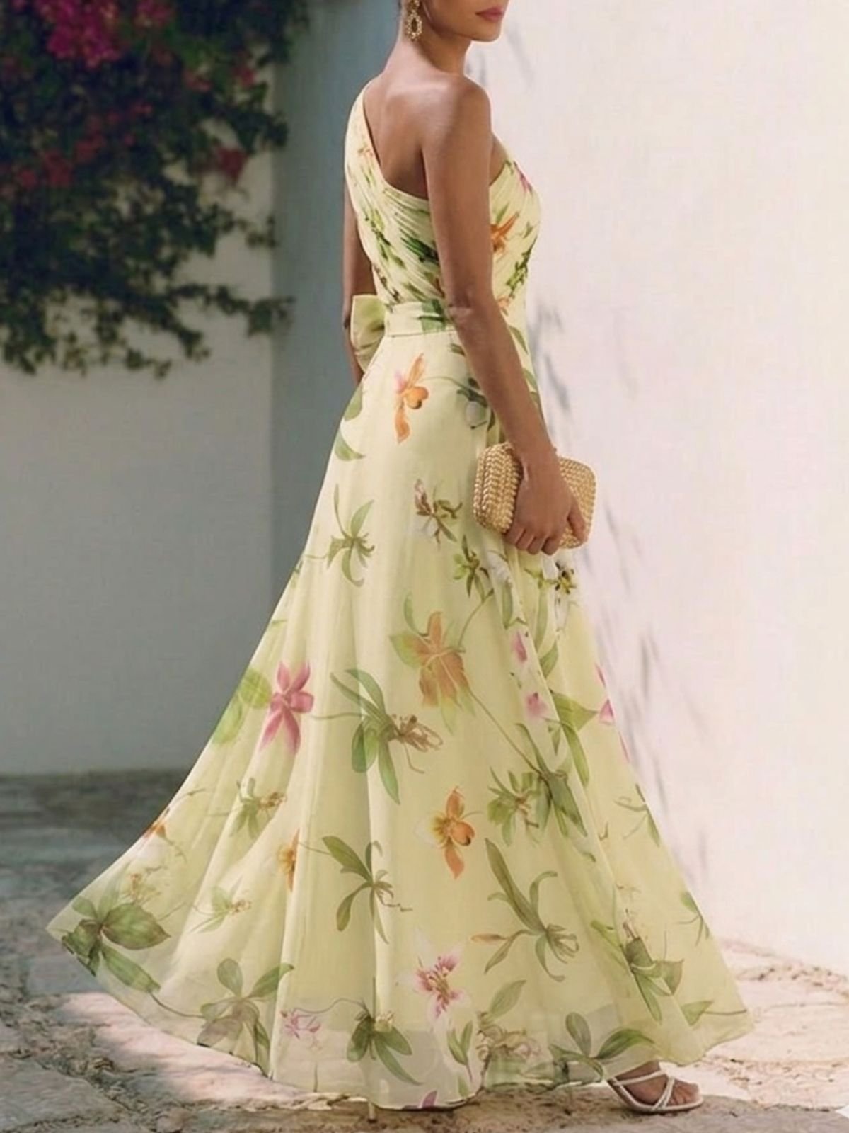 Yellow Floral Bow Chiffon One Shoulder Sleeveless A-Line Maxi Dress