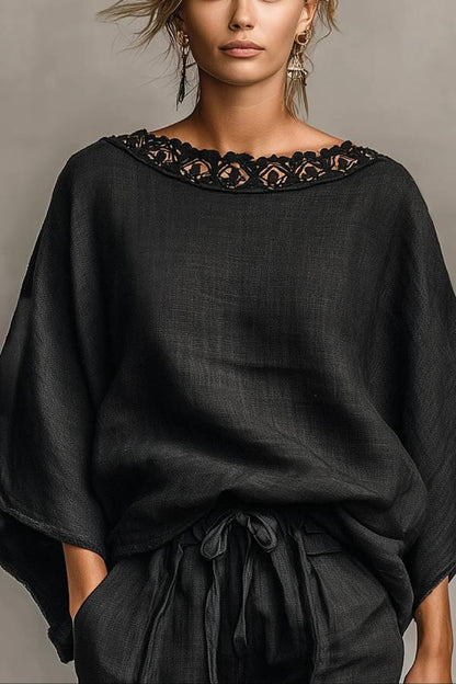Minimalist Lace Boat Neck Blouse And Shorts Set