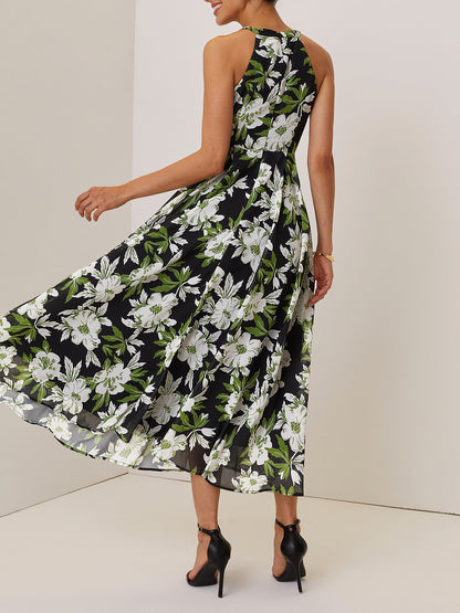 Green Floral Hollow Out Chiffon Halter Crew Neck Sleeveless A-Line Maxi Dress