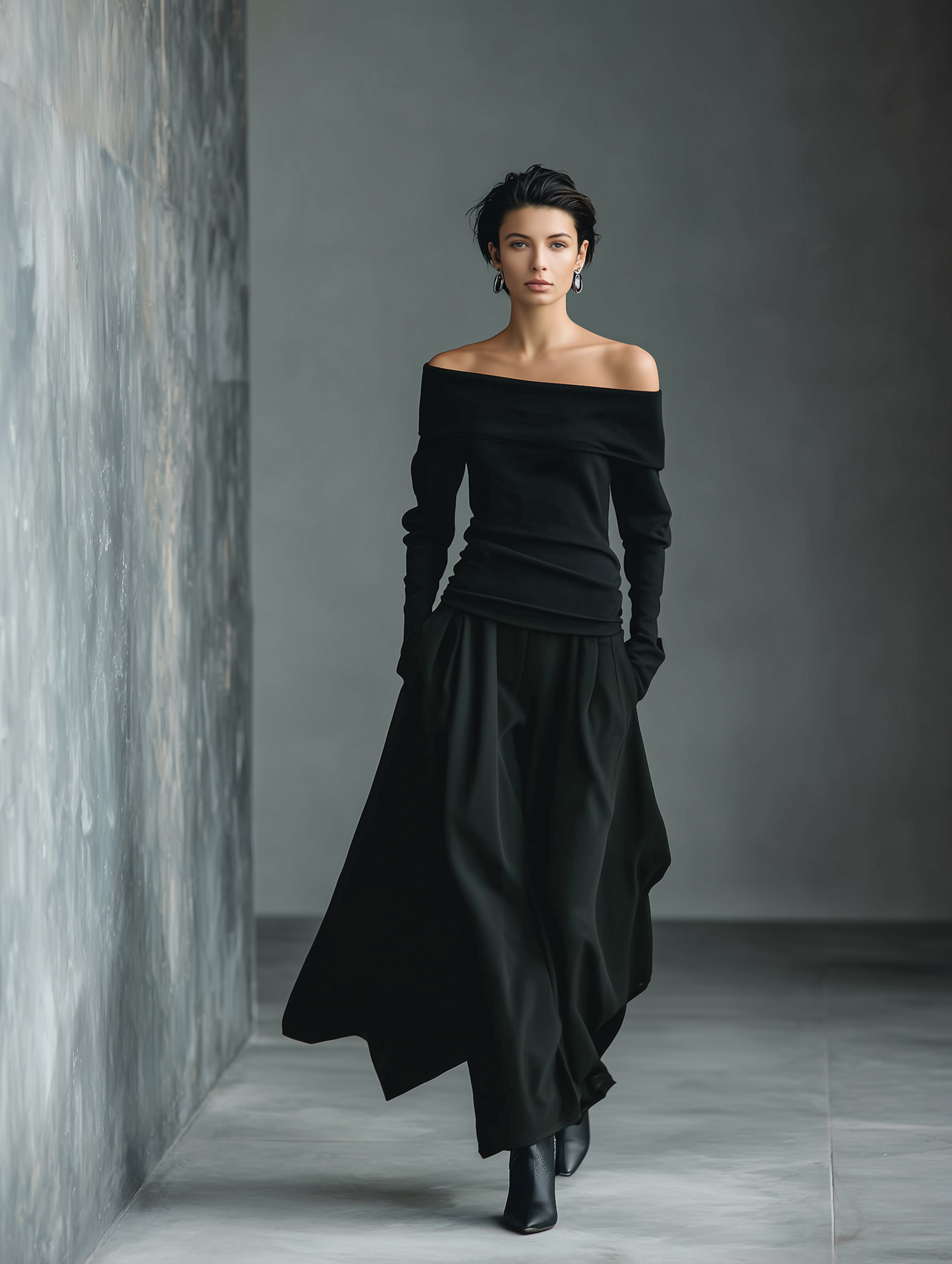 Women’s Black Knit Off-the-Shoulder Long Sleeve Ruched Waist Fitted Top MDA0400L1T