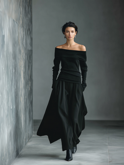 Women’s Black Knit Off-the-Shoulder Long Sleeve Ruched Waist Fitted Top MDA0400L1T