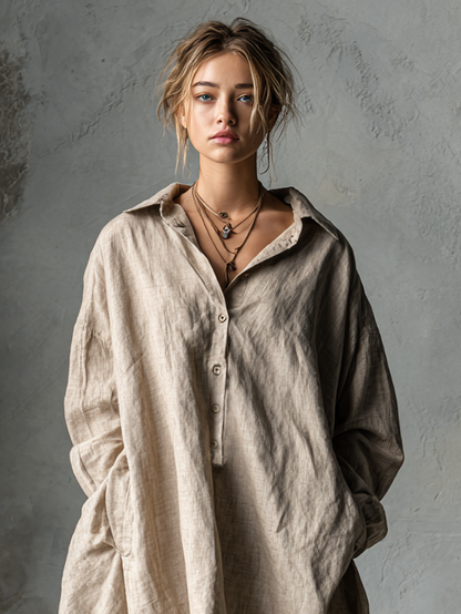 Women's Fashion Loose Cotton And Linen Button Lapel Mini Dress MDA1854H2Y