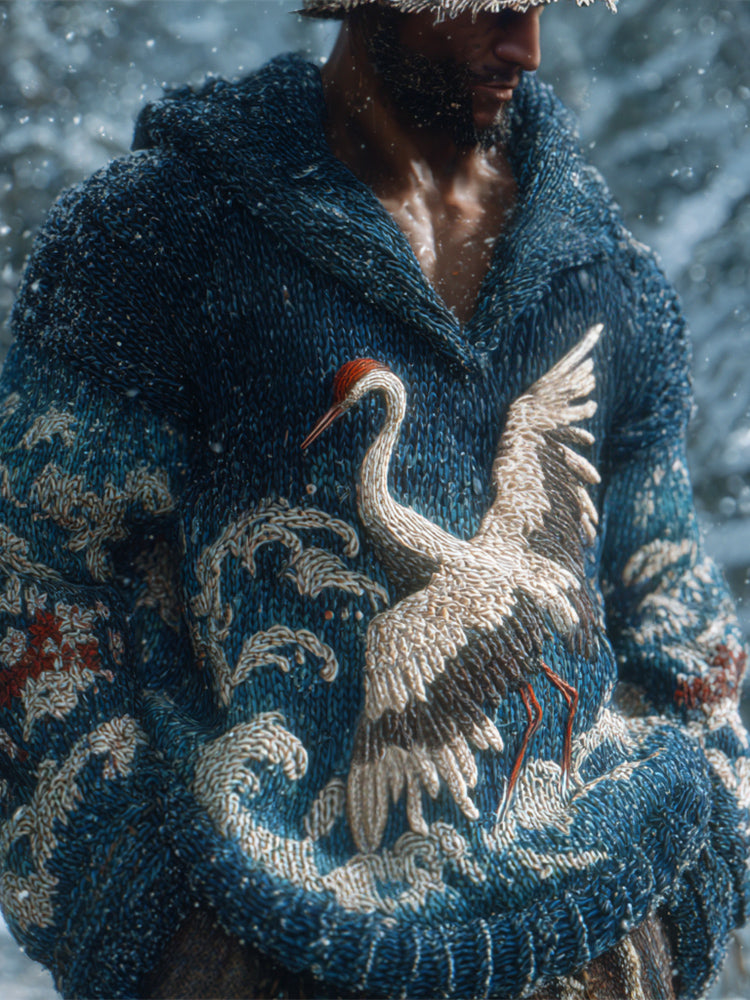 Japanese Crane & Wave Men's Knit Hooded Sweater