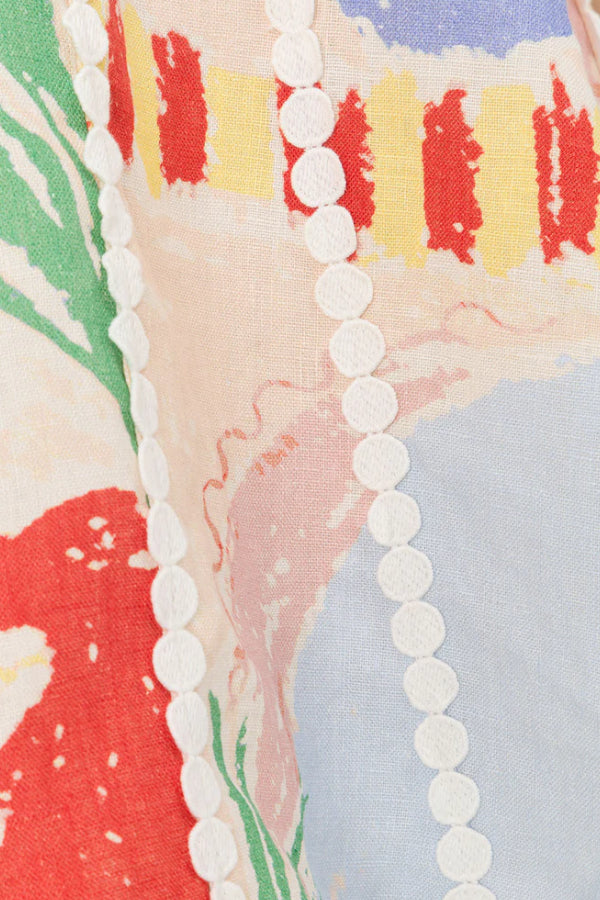 Linen Blend Trims Unique Print Puff Sleeve Mini Dressc