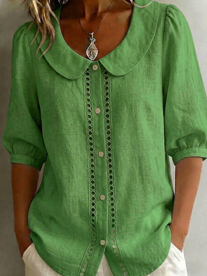Women's Solid-color Peter Pan Collar 3/4-sleeve Casual Loose Cotton-linen Shirt