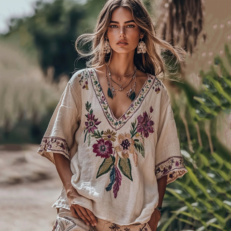 Women's Floral Embroidery V Neck Casual Linen Top 5b7c