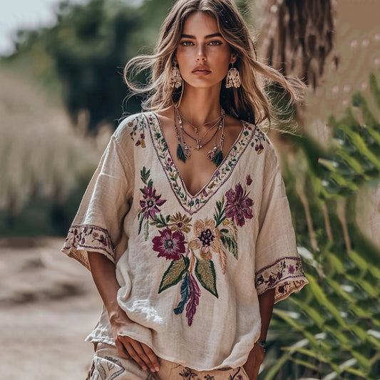 Women's Floral Embroidery V Neck Casual Linen Top 5b7c