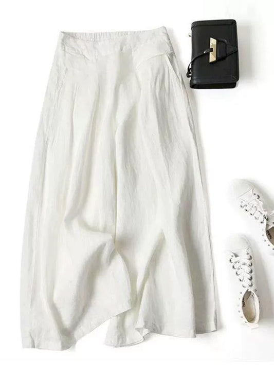 Women's Solid Color Semi-elastic High Waist Casual Pockets Cotton and Linen Wide Leg Pants