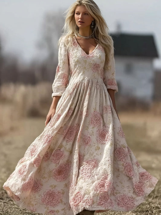Elegant Boho Pink Roses Embroidered Flowy Linen Maxi Dress