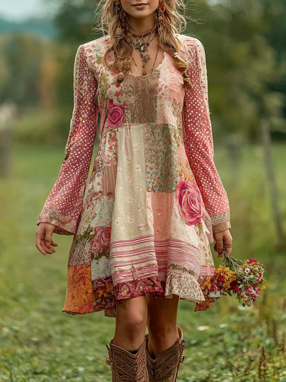 Women's Retro Rose Striped Casual Linen Short Dress