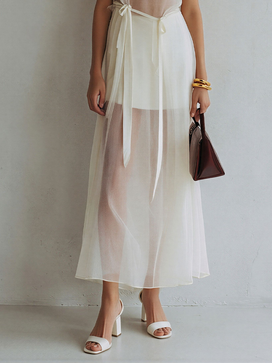 Women’s Ivory Sheer Mesh Halter Neck Maxi Dress With Inner Lining & Waist Tie MDZ2573D7T