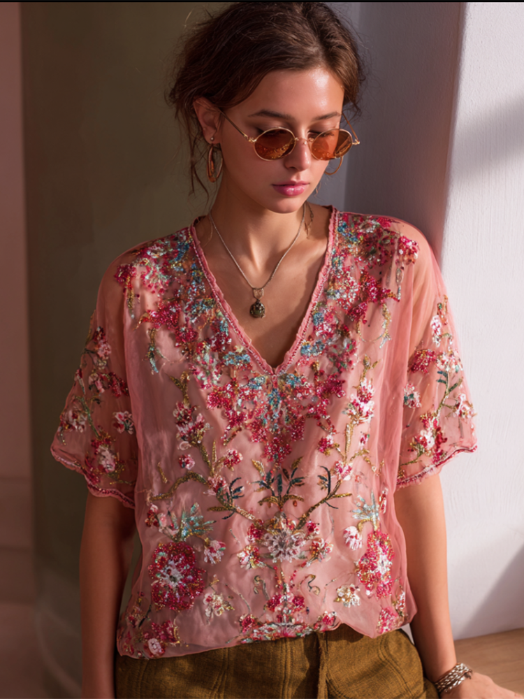 Bohemian Style Plant Flower Pattern Sequins Decorated Women's V-neck Top
