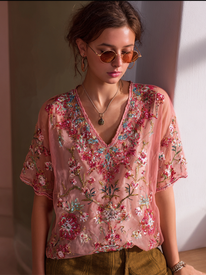 Bohemian Style Plant Flower Pattern Sequins Decorated Women's V-neck Top