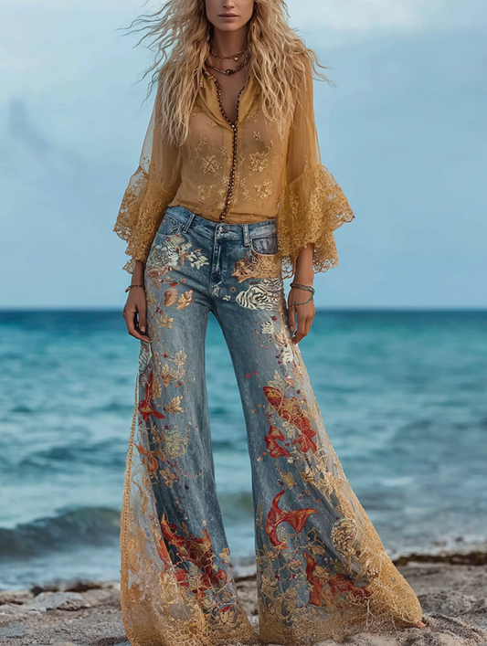 Beach color contrast retro top + pants set b7c0