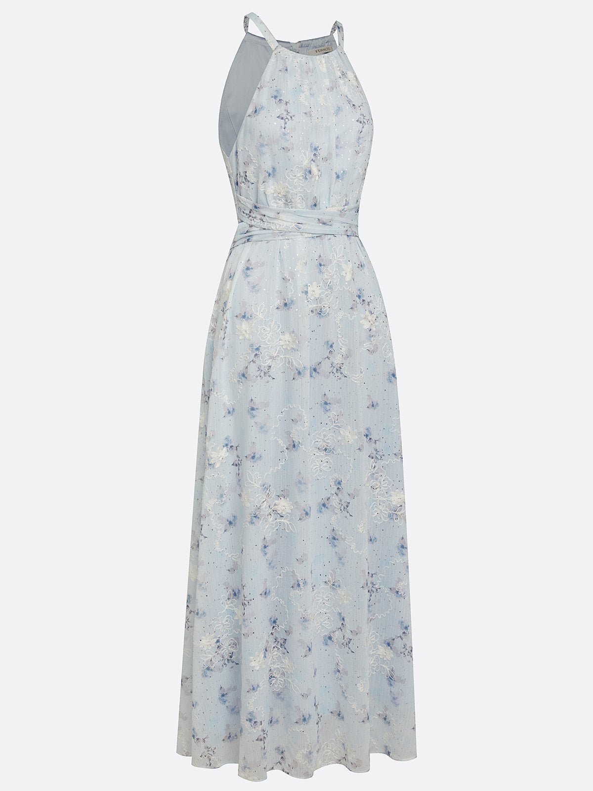 Light Blue Stamped Bronzing Jacquard Floral Chiffon Halter Sleeveless A-Line Maxi Dress