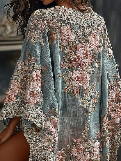 Women's Spring Floral Roses Embroidered Art Print Flowy Linen Blend Kimono