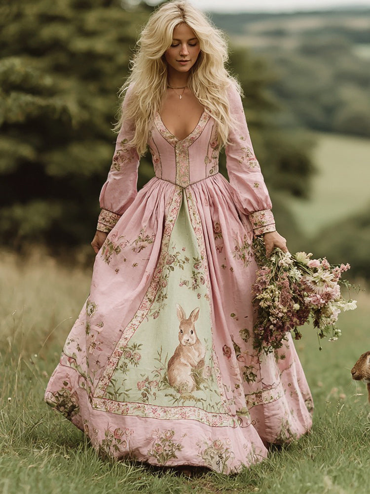 Vintage Bunny With Floral Art Women's Linen Long Sleeve Maxi V-neck Dress