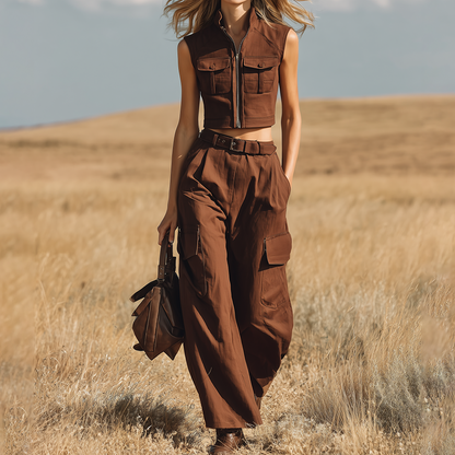 Western Bohemian-style Lapel-collared Sleeveless Zip-up Top And Pocketed Trousers Ensemble