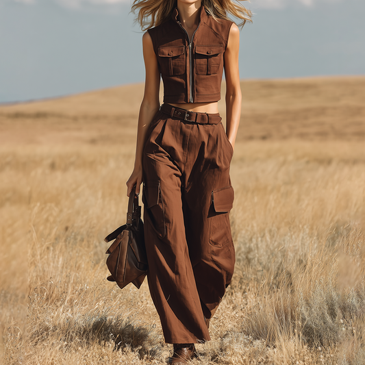 Western Bohemian-style Lapel-collared Sleeveless Zip-up Top And Pocketed Trousers Ensemble