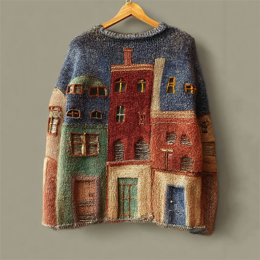 Vintage Street Building Inspired Contrast Color Cozy Knit Sweater