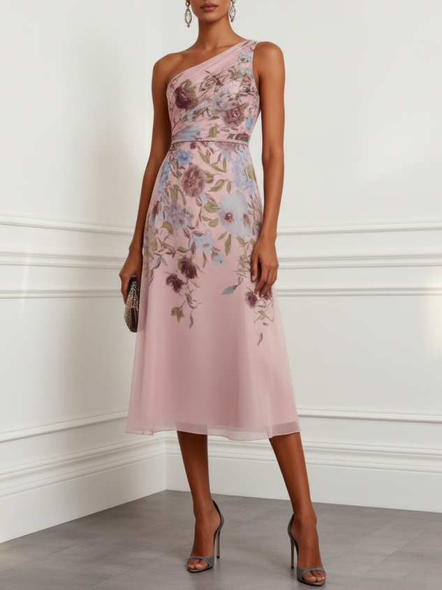 Cyan Floral Ruched Tulle One Shoulder Sleeveless A-Line Midi Dress