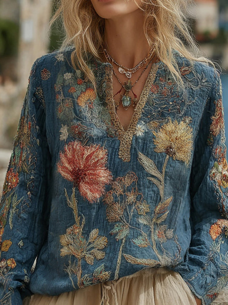 Women's Floral Embroidery Linen V-neck T-shirt