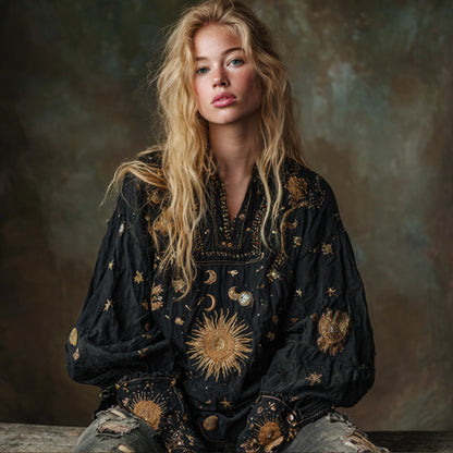 Mysterious Moon Sun V-neck Embroidered Loose Top
