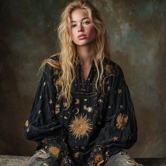 Mysterious Moon Sun V-neck Embroidered Loose Top