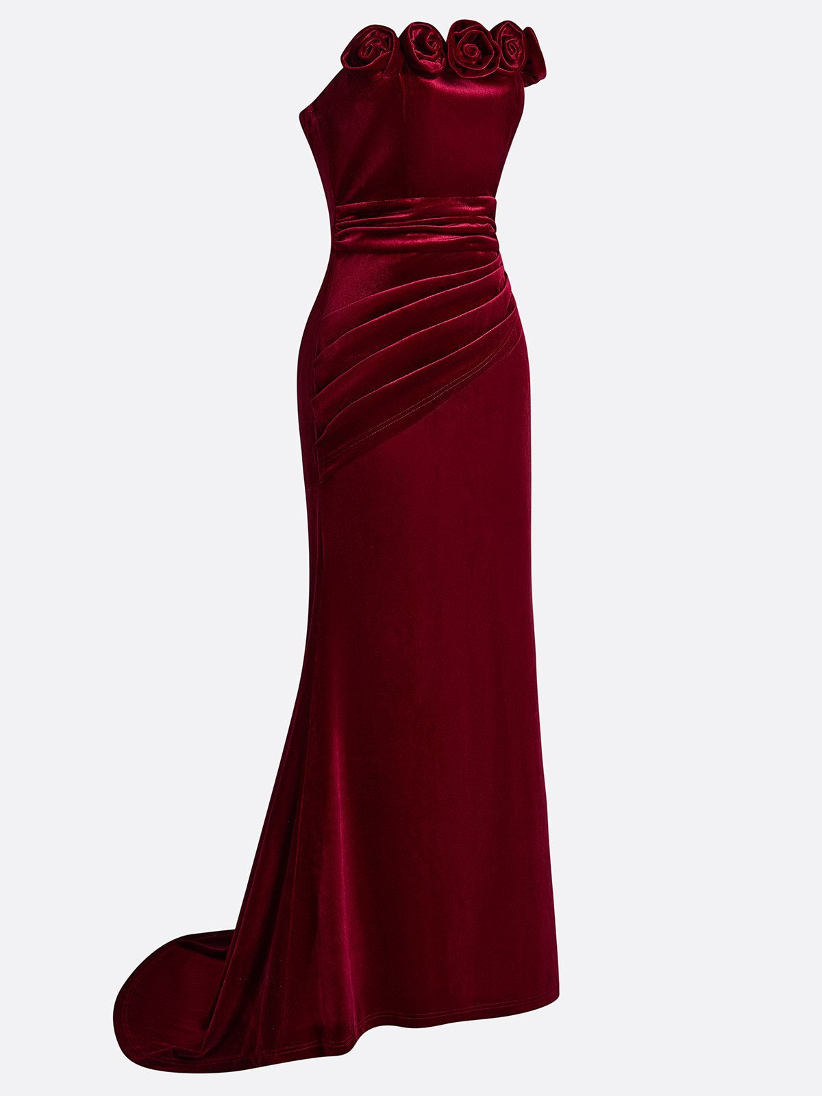 Wine Red 3D Floral Velvet Strapless Sleeveless Sheath Gown Dress