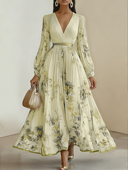 White Pleated Floral Chiffon V Neck Long Sleeve Balloon Sleeve A-Line Maxi Dress