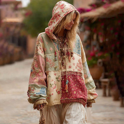 Women's Floral Embroidery Patchwork Boho Casual Hooded Sweatshirt