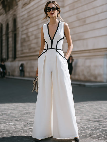 Contrast Panel Deep V Sleeveless Wide-Leg Jumpsuit