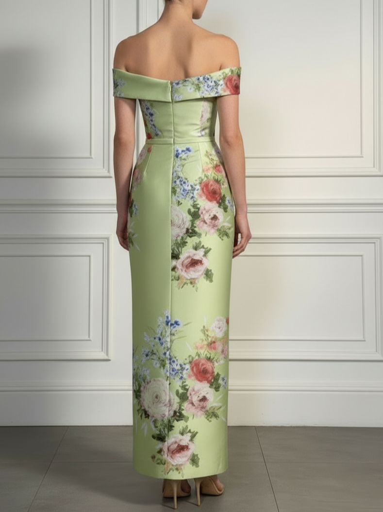 Green Floral Bow Satin Off The Shoulder Short Sleeve Sheath Maxi Dress