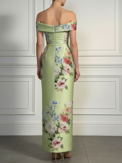 Green Floral Bow Satin Off The Shoulder Short Sleeve Sheath Maxi Dress