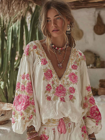 Vintage Floral Art Embroidery Linen V-neck Long Sleeves T-shirt