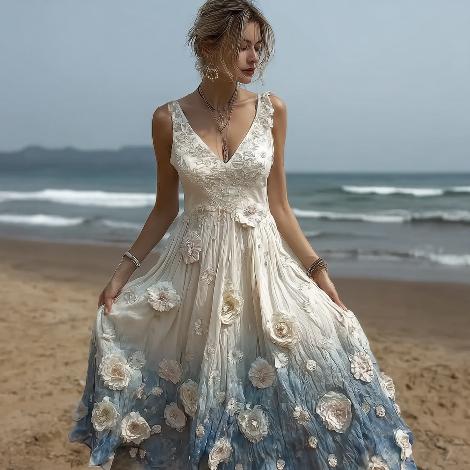 Bohemian Style Plant Flower Gradient Color Long Dress