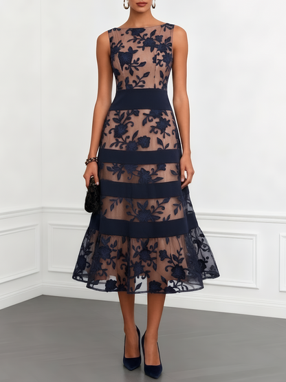 Black Mesh Lace Boat Neck Sleeveless A-Line Midi Dress