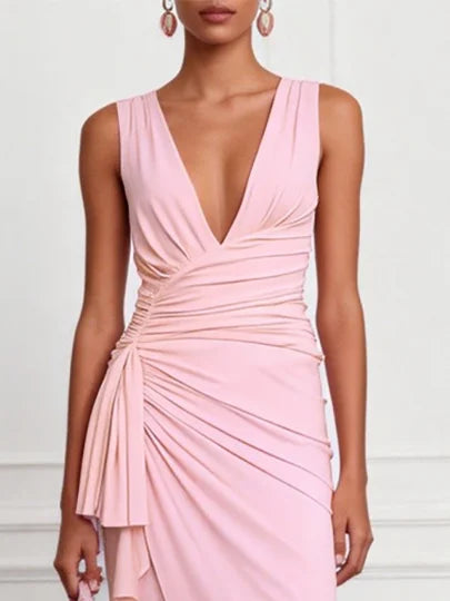 Pink Ruched Peplum Knit Deep V Neck Sleeveless Bodycon Midi Dress