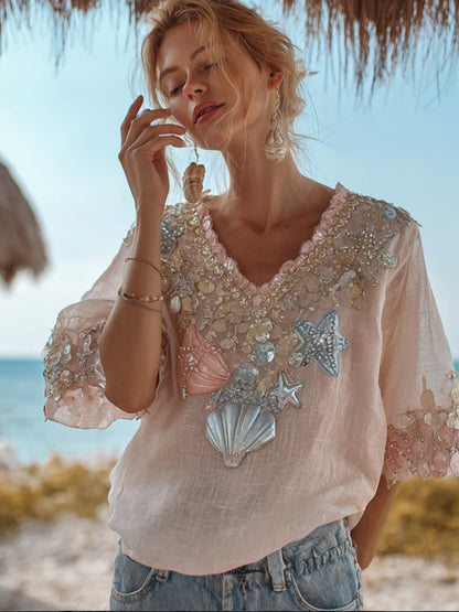Women's Bohemian Dreamy Ocean V-neck Short Sleeve Top