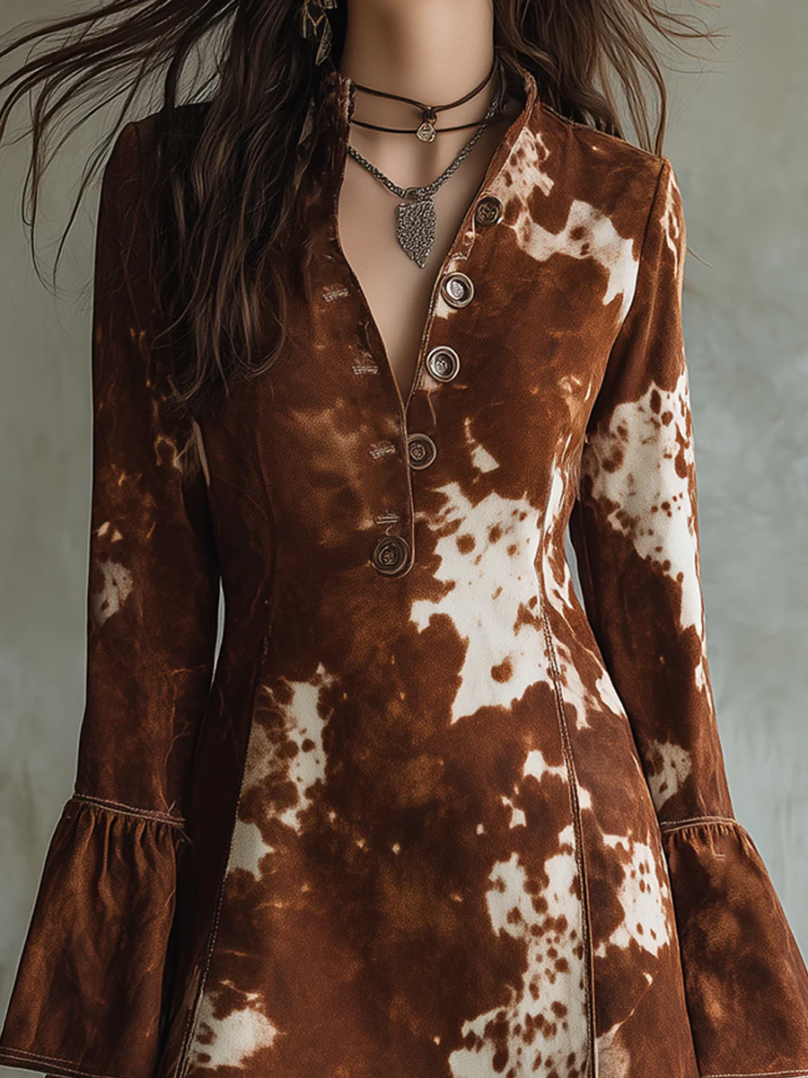 Cow Print Button Faux Suede Retro Mini Dress