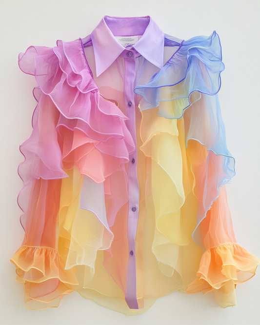 Color-Blocking Rainbow Ruffle Shirt 37db