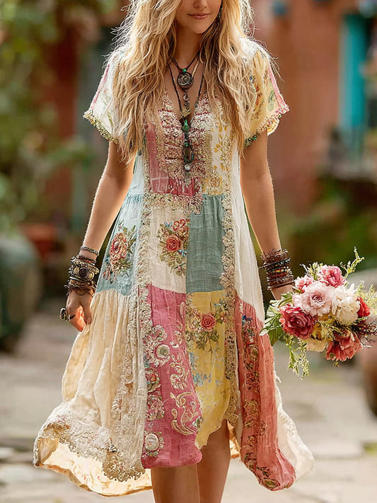 Women's Retro Floral Splicing Cotton And Linen Long Dress eab6
