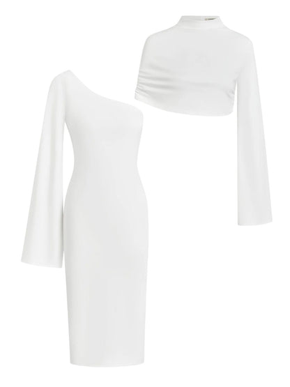 White Slit Chiffon Mock Neck Long Sleeve Bodycon One-shoulder Midi Dress with Matching Shrug