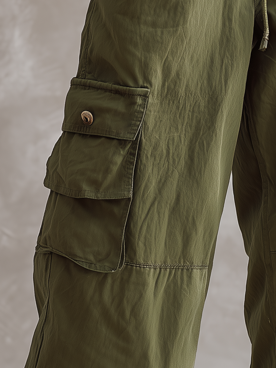 Women’s Olive Green Elastic Waist Drawstring Cargo Pants With Multi Pockets MDZ2779D1T