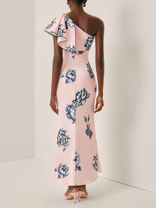 Pink Floral Ruffled Satin One Shoulder Sleeveless Sheath Maxi Dress