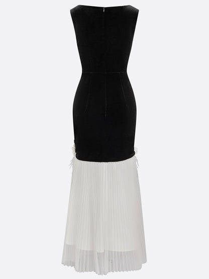 Black Tassel 3D Floral Velvet Boat Neck Sleeveless Mermaid Midi Dress
