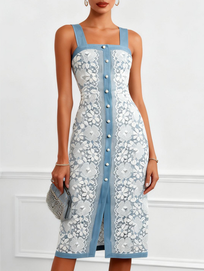 Light Blue Buckle Lace Denim Square Neck Sleeveless Sheath Midi Dress