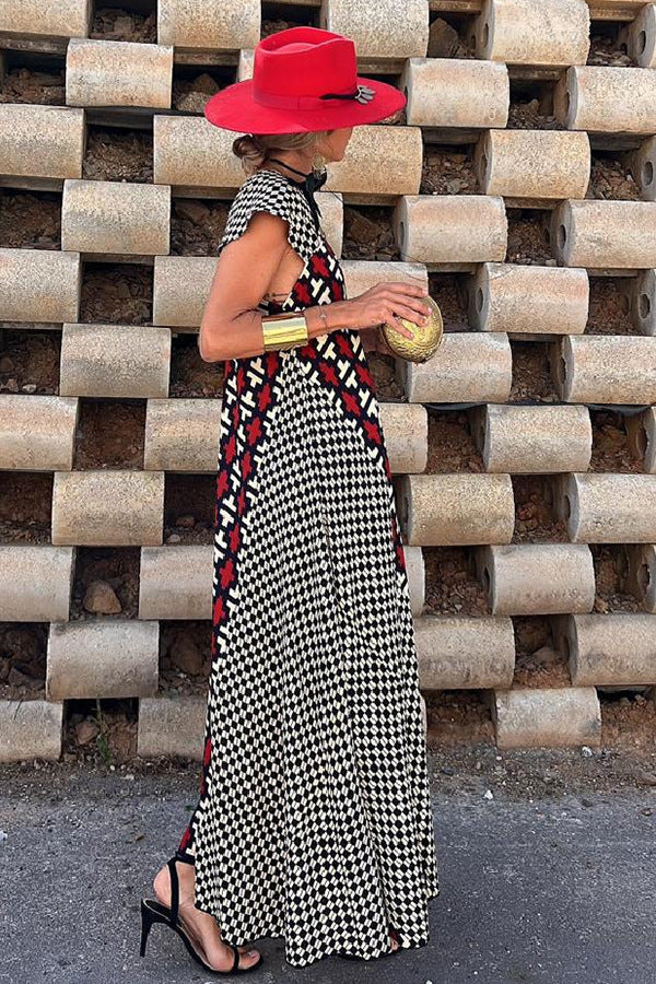 Geometric Print V-Neck Maxi Dress