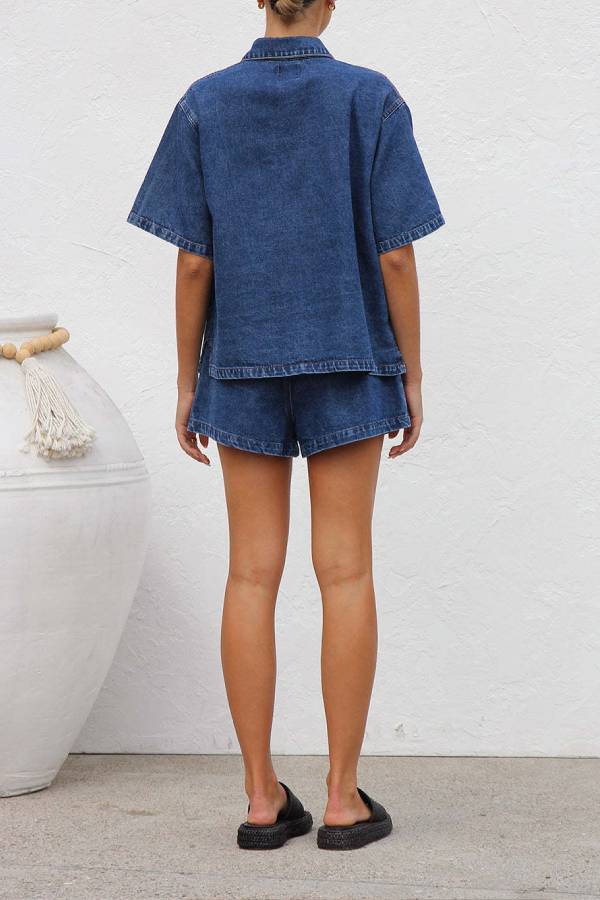 Loose-fitting Workwear Style Short-Sleeved Shirt and Shorts Set